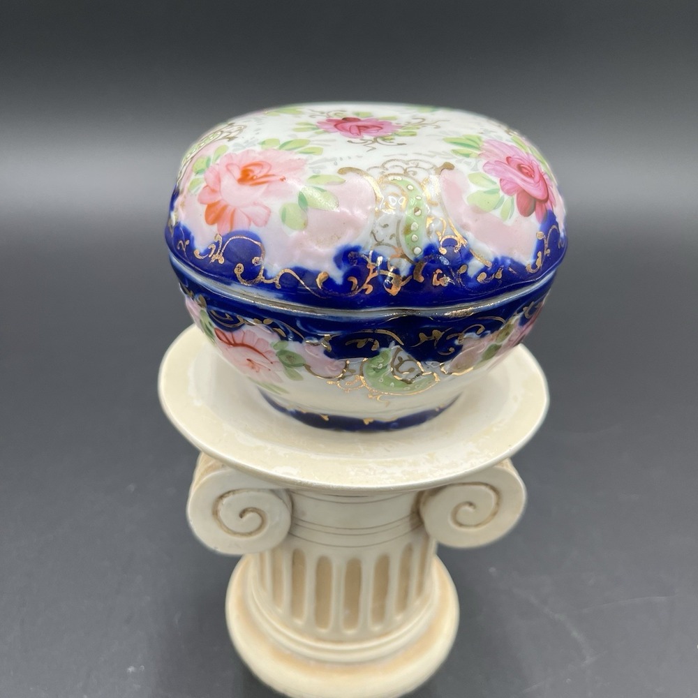 Antique Nippon Hand Painted Lidded Trinket Powder Box Multicolor Gold Inlay